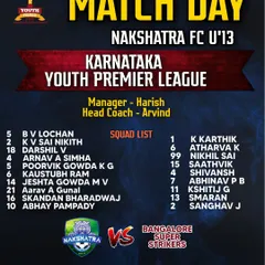 Match Day for our U-13s in the Karnataka Youth Premier League. Here is the squad list for the game against Bangalore Super Strikers at KSFA.