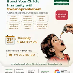 We offer Swarnaprashanam, a safe and ancient Ayurvedic practice, to boost your child's health. This simple administration of oral drops is designed to strengthen immunity, enhance memory, and reduce the risk of common infections for children from 6 months to 16 years.