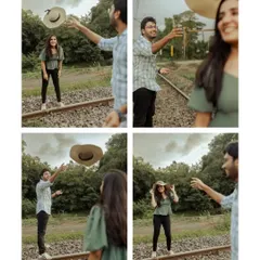 A fun collage of a couple playfully tossing a hat on the railway tracks. These spontaneous, activity-based shots are great for capturing natural and dynamic moments.