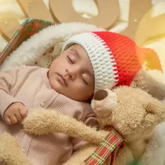 A newborn sleeps peacefully with a teddy bear during a Christmas mini session. The Santa hat and festive details make this an incredibly sweet 'baby's first Christmas' portrait.