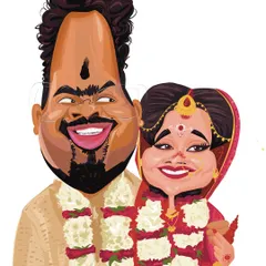 The final digital caricature of a beautiful Bengali wedding couple, transformed from their photo into a unique piece of art. I highlighted their smiles and traditional attire to create a lasting memory.