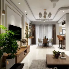 An elegant living and dining space that feels bright and spacious. We used a neutral color palette, sophisticated furniture, and statement lighting like the crystal chandelier to create a timeless and luxurious home interior.