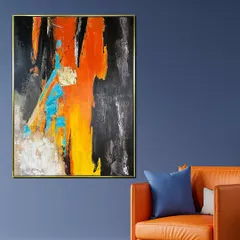 This abstract hand-painted canvas features a dramatic interplay of orange, black, and blue. The thick textures and bold brushstrokes create a powerful and energetic piece, perfect for a modern space.