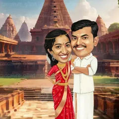A beautiful caricature of a couple in traditional South Indian wedding attire, set against a temple backdrop. These are perfect for traditional wedding invitations.