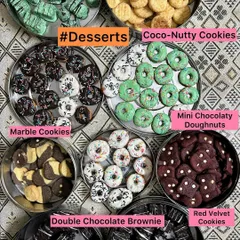 A dessert lover's dream! This platter showcases my wide range of eggless desserts, including Mini Chocolatey Doughnuts, Red Velvet Cookies, Marble Cookies, and Double Chocolate Brownies.