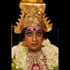 A powerful, expressive close-up of the goddess makeup. Mastering facial expressions is just as important as the makeup application for creating a convincing character.