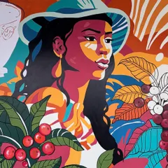 A close-up of the woman in my coffee plantation mural. The bold colors and graphic style were chosen to make a big impact.