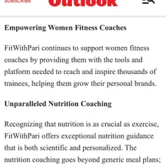 This excerpt from our Outlook India article details our focus on empowering women fitness coaches and providing unparalleled, scientific nutrition coaching that goes beyond generic meal plans.