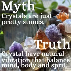 This graphic debunks common myths about crystals. The truth is that crystals have natural vibrations that balance the mind, body, and spirit, but they work by amplifying your own intention and consistency, not like instant magic.