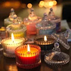 Add a touch of elegance with these beautiful crystal glass jar candles. They make a stunning decor piece and can be customized with your favorite color and scent.