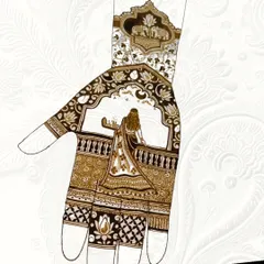 This intricate design features a woman on a balcony with her pooja thali, looking at the moon, with elephant motifs on the wrist.