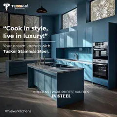 We believe steel can be both strong and stunning. This dream kitchen showcases our ability to create luxurious spaces with custom-colored stainless steel cabinetry. The stylish blue finish, combined with an elegant island and integrated appliances, proves that durability and high-end design go hand in hand.