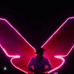 An artistic shot that I love, with neon wings. For me, music is about creating a magical experience and taking the audience on a journey.