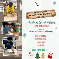 I believe in teaching practical skills through hands-on projects. This flyer shows my interactive woodworking workshop, where kids use real tools under my guidance to build their own projects, like a wooden Christmas tree.
