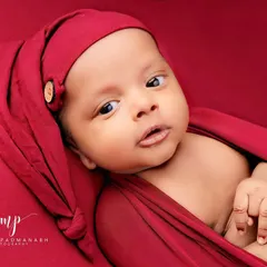 A beautiful, calm portrait of an awake newborn looking directly into the lens.
