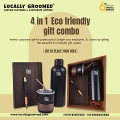 This 4-in-1 eco-friendly gift combo is a perfect corporate gift for professionals. It includes a wood-finished notebook and pen, a water bottle, and two matching tumblers with reusable straws, all presented in a wooden box.