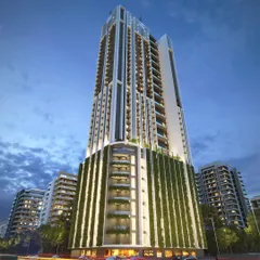 The DLH Leo Towers in Mumbai's Oshiwara district, a 110-meter-tall structure designed with a strong emphasis on verticality. The building integrates vertical gardens within its parking floors and features an elevated entertainment deck and swimming pool, creating a modern urban icon.