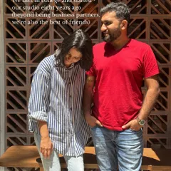 We met in college and started our studio eight years ago. Beyond being business partners, we're also the best of friends. This is us outside our new studio extension.