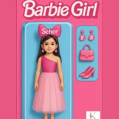 Come on Barbie, let's go party. This fun illustration imagines a custom, one-of-a-kind Barbie outfit, personalized with the name "Seher" and all the essential accessories.