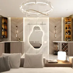 Another view of the Prestige Woodside living area, highlighting the layered lighting from the statement chandelier and wall sconces, creating a warm and luxurious ambiance.