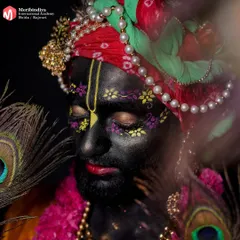 A close-up of the Krishna makeup, showing the detailed face painting and the serene expression created through the art of makeup.