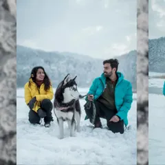 A happy couple with their husky in the fresh snow of North India. Including pets in your pre-wedding shoot can add a wonderful, personal touch.
