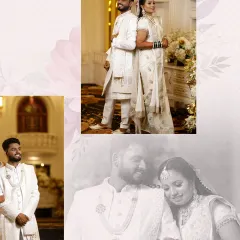 This collage showcases a couple dressed in elegant white traditional attire. We work with you to ensure our decor complements your chosen outfits, creating a cohesive and stunning visual story for your wedding day.