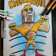 Adding color with markers and pastels. This stage brings the Hulkamania caricature to life, with the iconic yellow and red outfit.