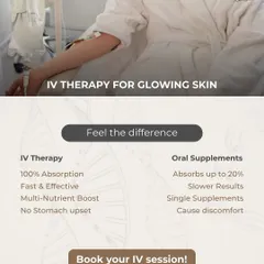 Many people ask about the difference between IV therapy and oral supplements. IV therapy ensures 100% absorption for fast, effective results without any stomach discomfort, making it a much more efficient way to nourish your skin from within.
