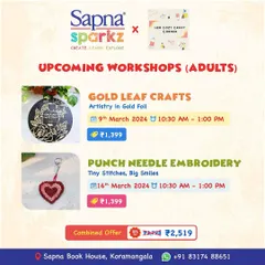 Explore the world of intricate crafts with our specialized adult workshops. This poster highlights two of our popular sessions: Gold Leaf Art, where you learn to add metallic elegance to your work, and Punch Needle Embroidery, for creating textured, tactile designs. We offer these and many more.