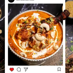 This is our legendary Chicken Changezi, framed for the love it deserves. We slow-cook tandoori chicken in a rich, creamy, and smoky tomato gravy, finished with cashews. It's a dish that will make you fall in love with every bite.