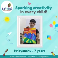 Seven-year-old Hridyanshu expresses himself with this stunning mountain landscape, using poster colors to create a unique and vibrant piece.