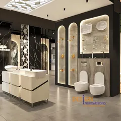 Another view of the Hindware showroom, this angle shows how we organized the space into clear zones. We displayed toilets and faucet hardware in illuminated arched niches, allowing customers to easily visualize the products in a sophisticated setting.