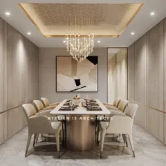 A dining room designed for intimate gatherings, enclosed with wood-paneled walls to create a cozy, cocoon-like effect. A delicate crystal chandelier and a gold-leaf ceiling detail add a touch of opulence from above.