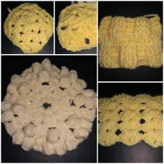 A collage of different textured crochet samples in yellow and cream, showing puffy stitches and 3D effects.