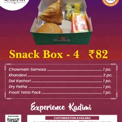 Our Snack Box 4 includes a Chowmein Samosa, Khandvi, Dal Kachori, Dry Petha, and a Frooti. A perfect mini-meal for any event.