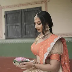 This was for a creative Navratri-themed shoot. I designed a traditional yet artistic look with soft, glowing skin and defined eyes to match the divine and elegant theme, complete with traditional jewelry and a serene expression.