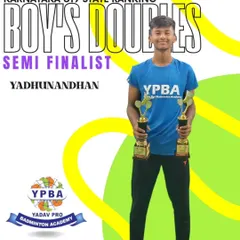 Yadhunandhan celebrating his semi-finalist finish in the Boy's Doubles category at the Karnataka U19 & Senior State Ranking tournament in Mangalore.