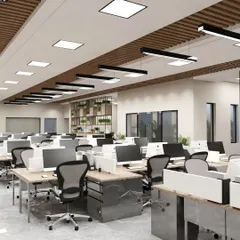 A concept render for a large, open-plan office in Gurgaon. The design prioritizes a clean, organized environment with uniform workstations, ample lighting, and subtle biophilic elements to create a productive and pleasant atmosphere for employees.