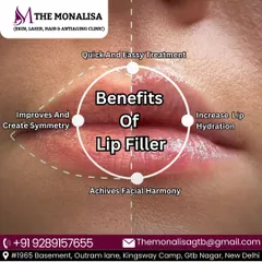 This graphic explains the benefits of lip fillers, which include creating symmetry, increasing lip hydration for a smoother look, and achieving overall facial harmony. It's a quick and easy treatment with immediate results.