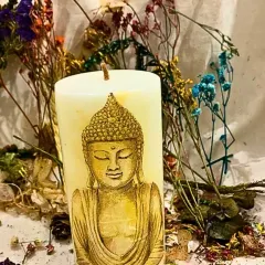 Serenity in wax. Our hand-poured Buddha pillar candle is a symbol of peace, mindfulness, and calm energy, perfect for your meditation corner.