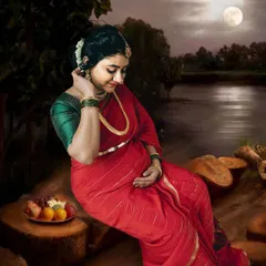 A serene moment captured in our painting style. The final edit of this traditional saree portrait evokes the feeling of a classic masterpiece, set against a tranquil moonlit lake.