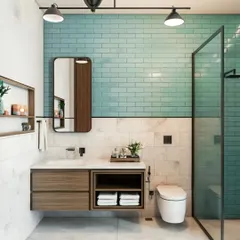 A fresh and modern bathroom design using a combination of aqua subway tiles and white marble. The floating wooden vanity and glass shower partition keep the space feeling open and bright.
