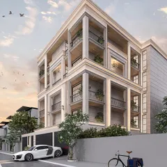 This modern classical elevation in East Punjabi Bagh is a study in proportion and restraint. I used a structured geometric frame, classic moldings, and recessed balconies to create a serene and elegant facade.
