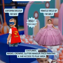 Our weekend special offers a magical dress-up experience. Boys can become Superman and girls can transform into princesses, complete with costumes, glitter makeup, and access to our play area.