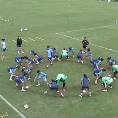 A dynamic warm-up for the Indian National Team. Here, the players engage in a reaction drill, forcing them to stay mentally sharp and physically ready. Competition during warm-ups is a great way to prime the nervous system for the session ahead.