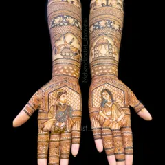 Another look at a full bridal design, showing how the portraits on the palms are the centerpiece. You will learn how to frame your figures and integrate them seamlessly with surrounding patterns.