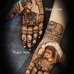 Full portrait bridal mehndi featuring the bride and groom. I take great care to capture likenesses and details in their wedding attire, making it a cherished part of the celebration.