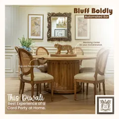 For those who love to host, my 'Bluff Boldly' table is the ultimate centerpiece for entertainment. This solid wood dining table features a concealed, automated revolving center, perfect for card parties and serving guests with a touch of surprise.