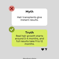 Myth: Results are instant. Truth: A hair transplant is a process of growth. The transplanted hair first sheds, and new growth begins around 3-4 months, with full results taking 9-12 months to mature.